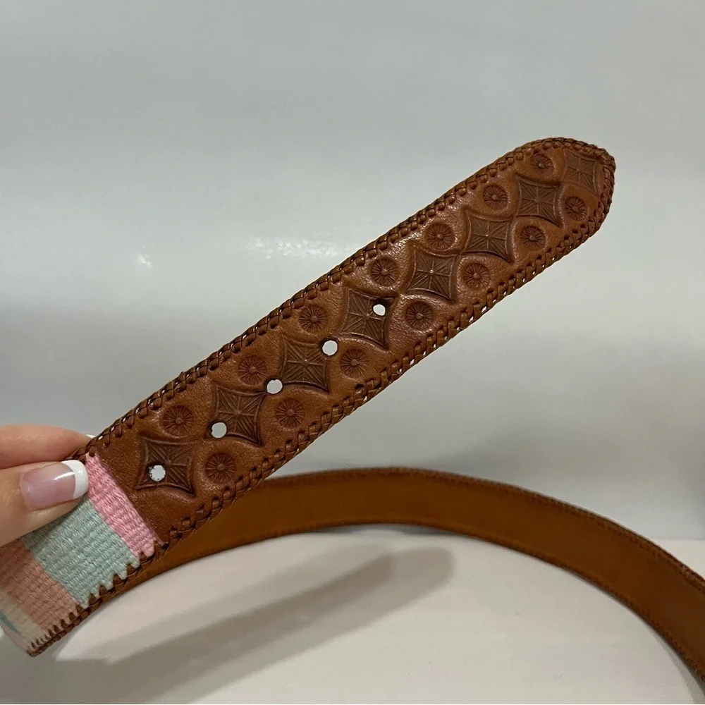 Vintage Pastel Woven Tapestry Leather Belt Guatemala